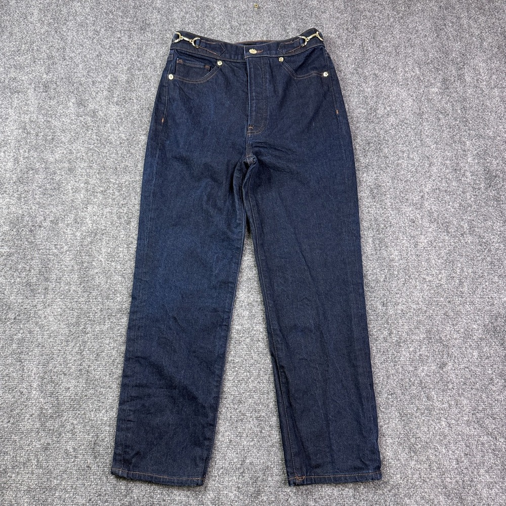 Express Super High Rise Mom Jeans Size 4 Side Tab Buckle Horsebit Dark Wash 5792